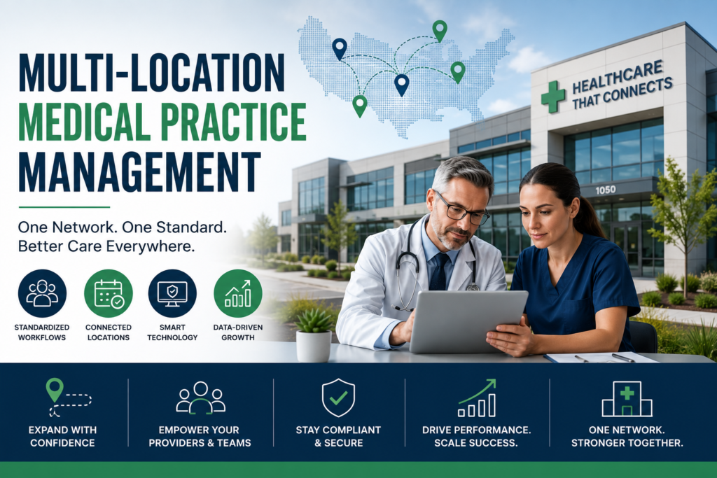 Multi-location medical practice management for scalable healthcare operations