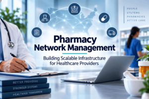 Pharmacy network management infrastructure connecting healthcare providers and pharmacy operations