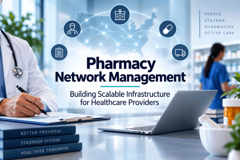 Pharmacy network management infrastructure connecting healthcare providers and pharmacy operations